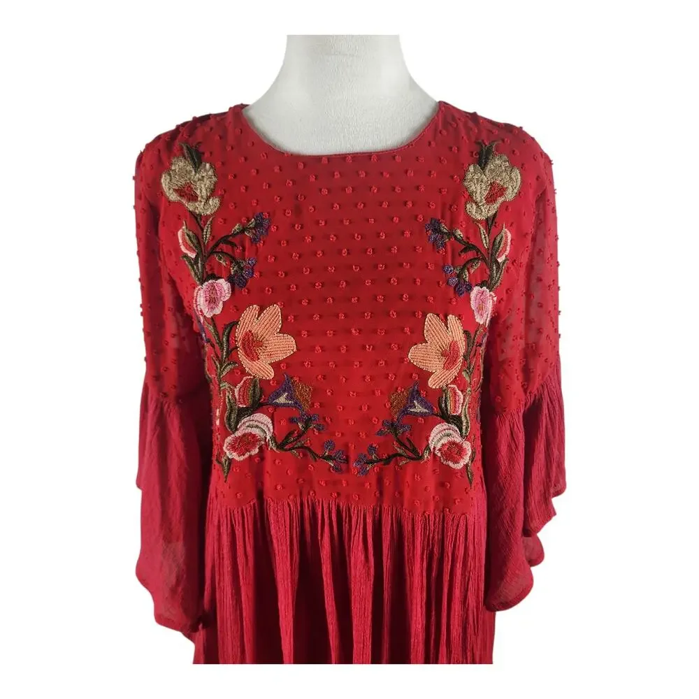 Umgee Red  Embroidered Floral Bell Sleeves Babydoll Dress Women's Small